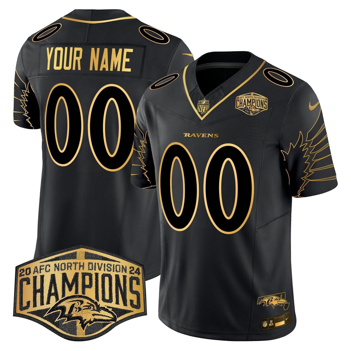 Ravens Maryland 2024 AFC North Division Champions Patch Gold Vapor Limited Custom Jersey - Stitched