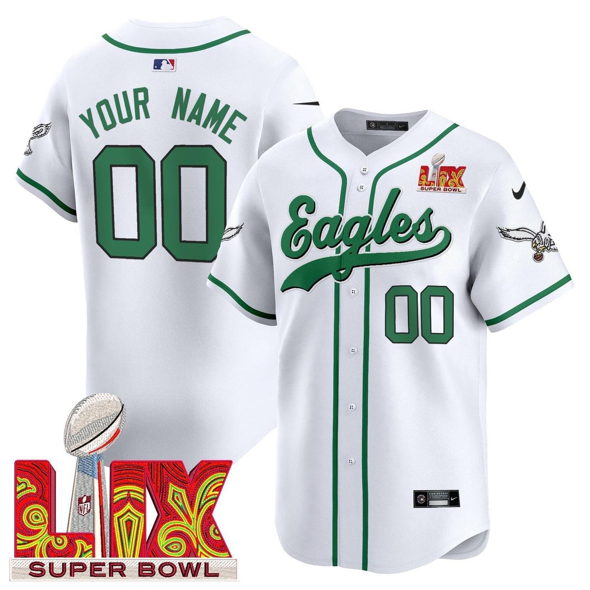 PHI Midnight Green Super Bowl LIX Vapor Baseball Custom Jersey - Stitched