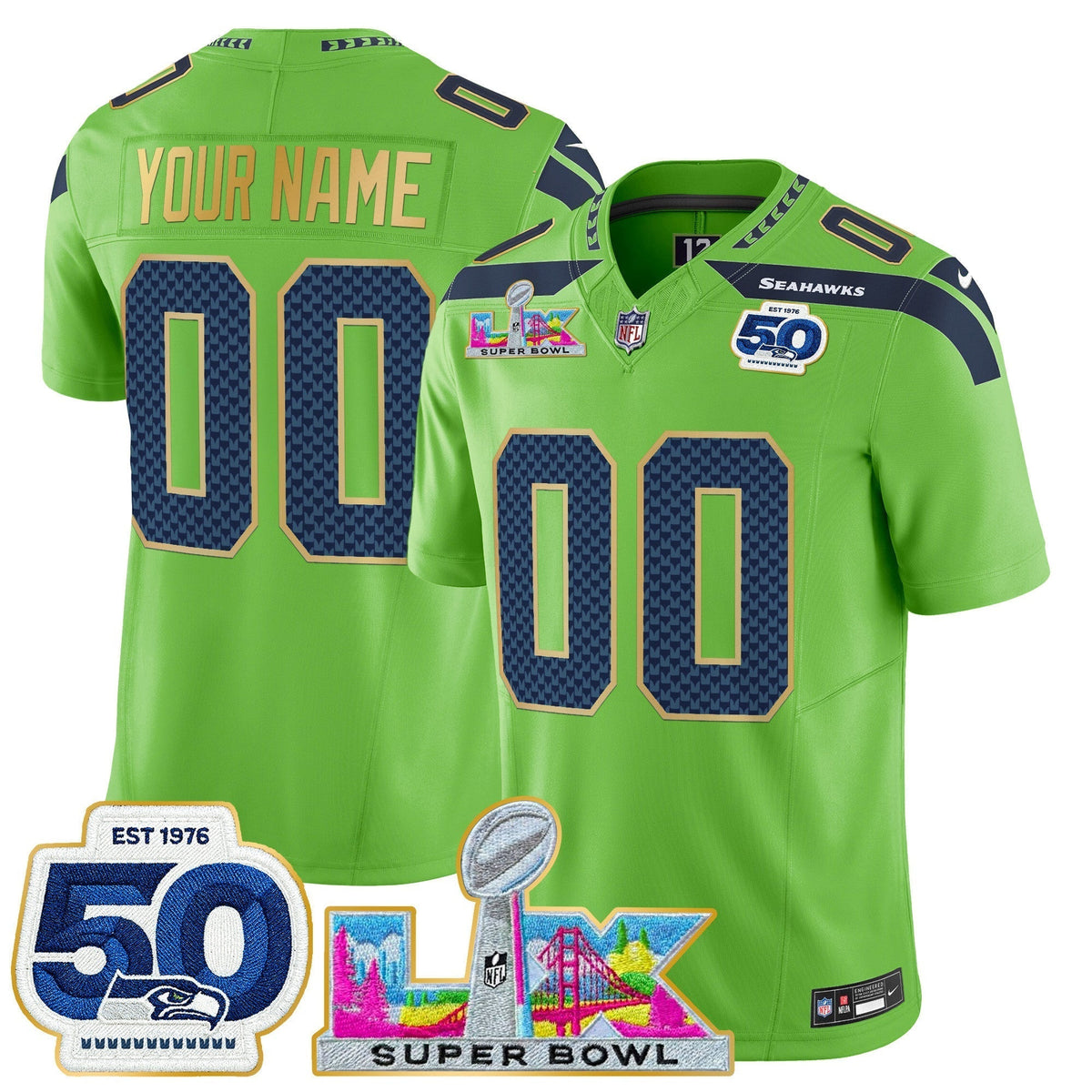 Seattle Seahawks "Super Bowl LX & 50th Patch" Gold Trim Vapor Limited Custom Jersey - All Stitched