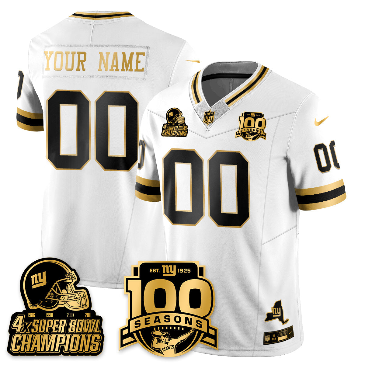 Custom NYG 4-Time Champions Limited Gold Jersey V2- 100th Season - Stitched