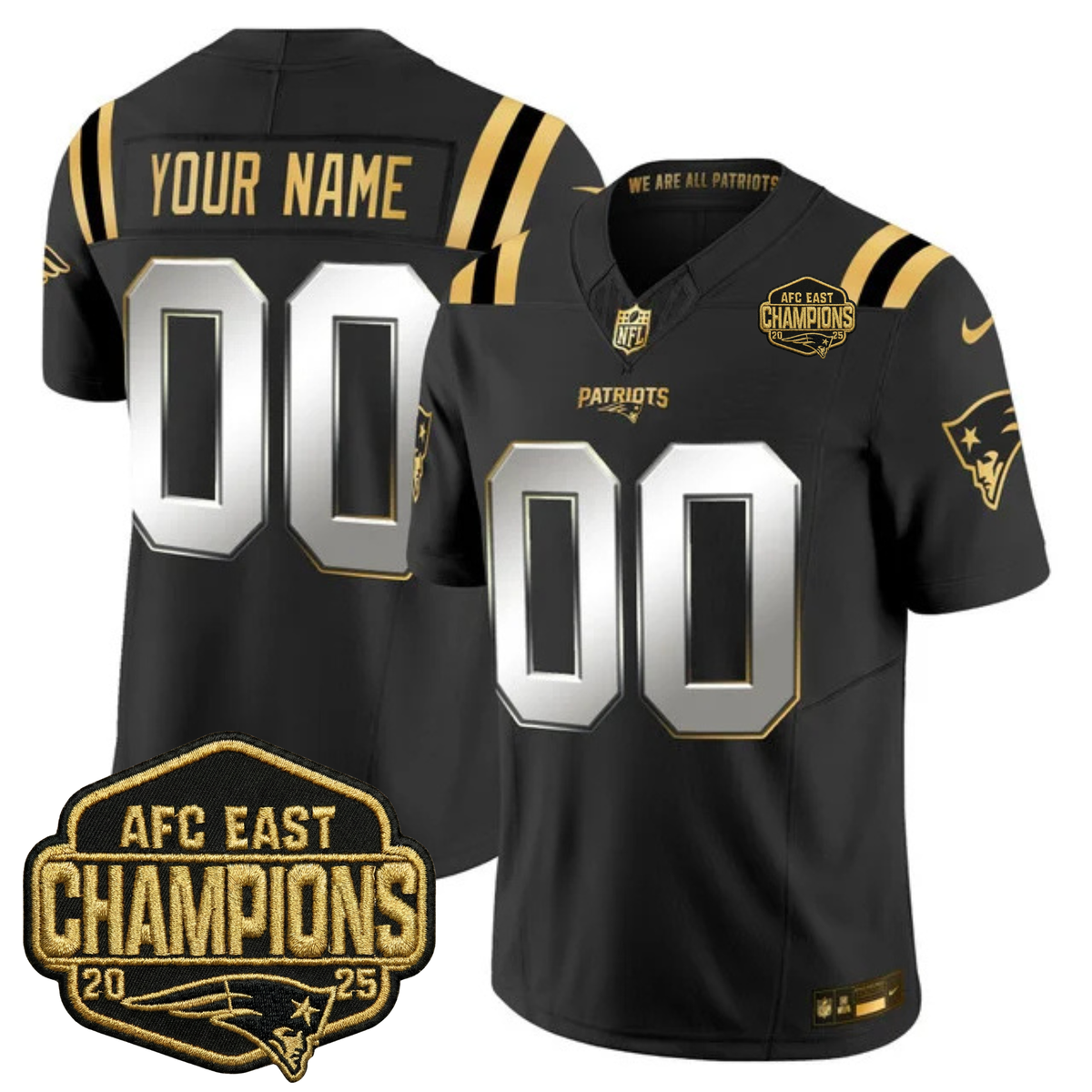 NE 2025 AFC East Champions Gold Vapor Limited Custom Jersey - Stitched