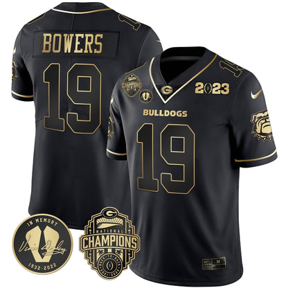 Men's Georgia Bulldogs 2023 Champions & Vince Dooley Patch Gold Jersey - All Stitched