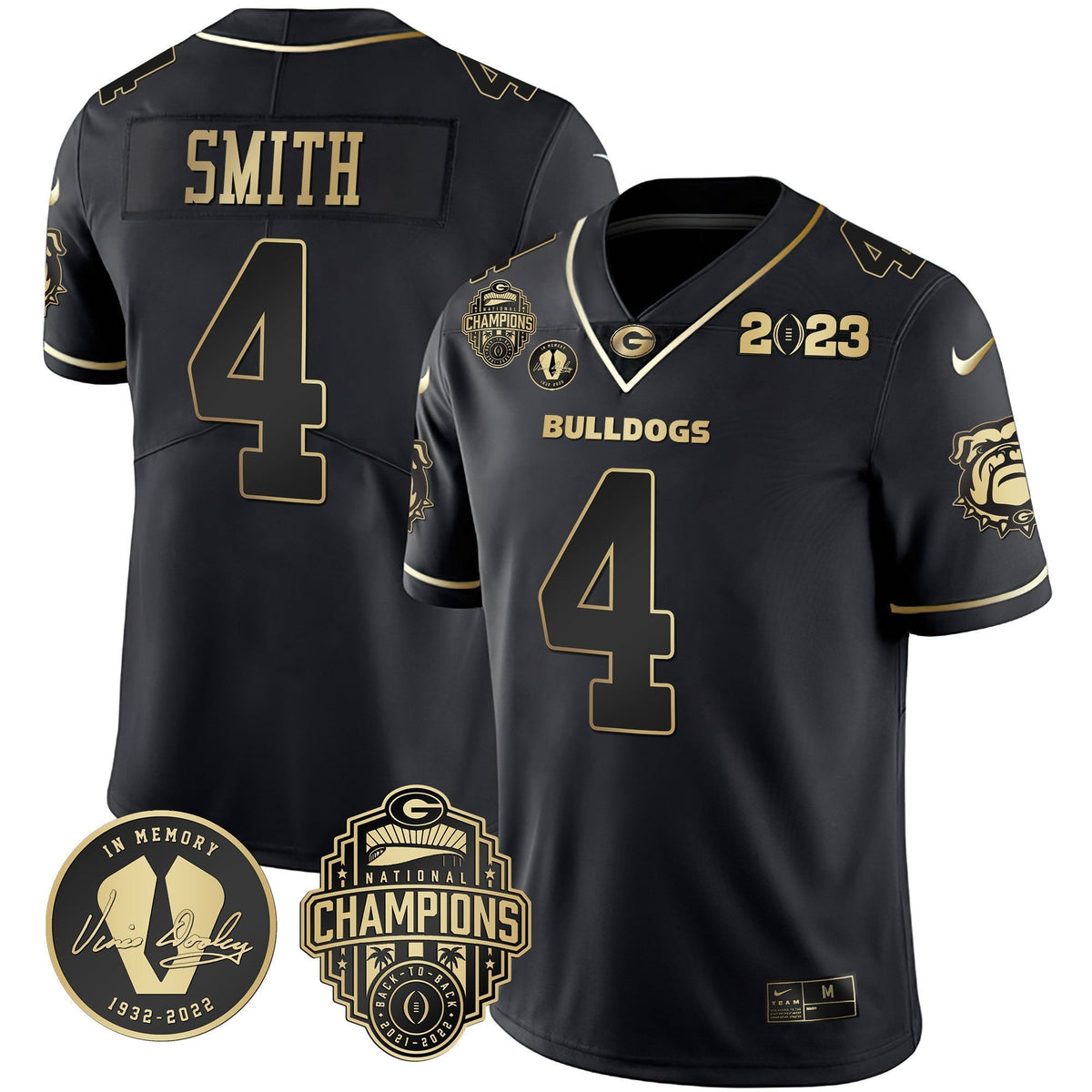 Men's Georgia Bulldogs 2023 Champions & Vince Dooley Patch Gold Jersey - All Stitched