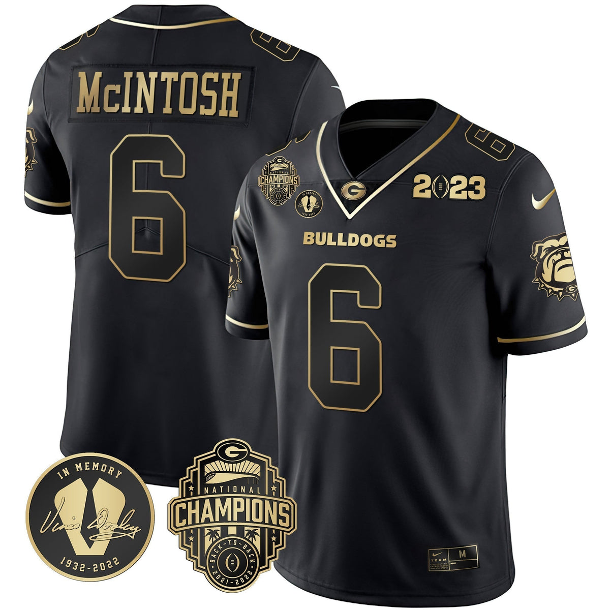 Men's Georgia Bulldogs 2023 Champions & Vince Dooley Patch Gold Jersey - All Stitched