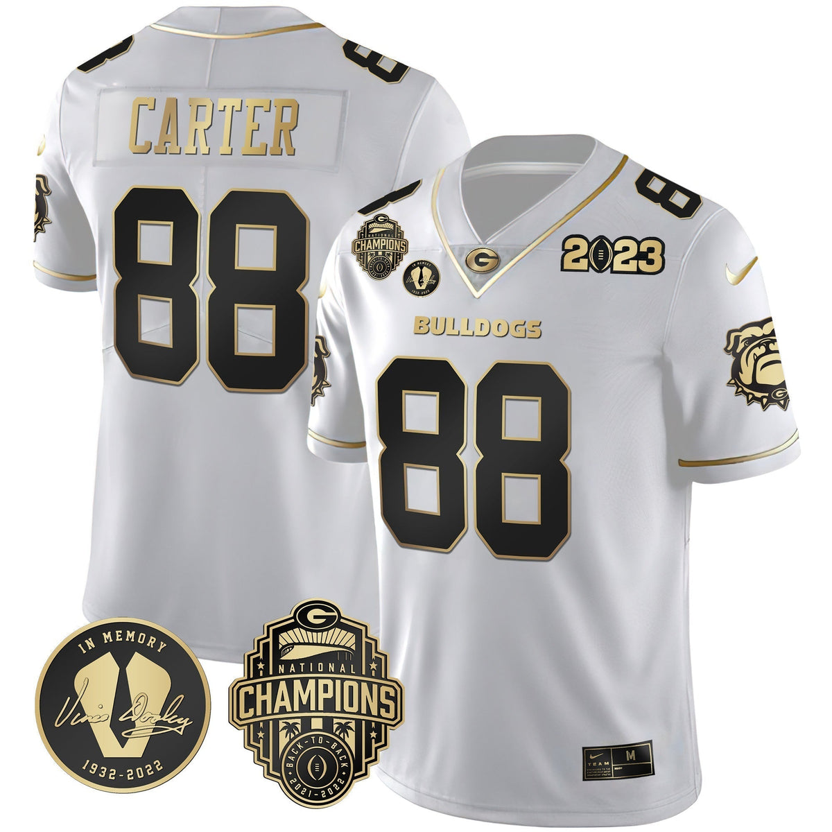Men's Georgia Bulldogs 2023 Champions & Vince Dooley Patch Gold Jersey - All Stitched