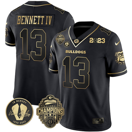 Men's Georgia Bulldogs 2023 Champions & Vince Dooley Patch Gold Jersey - All Stitched