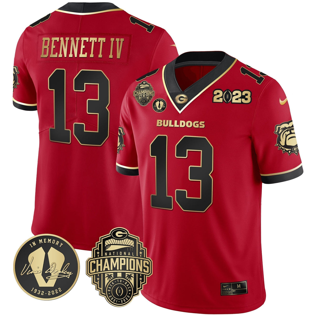 Men's Georgia Bulldogs 2023 Champions & Vince Dooley Patch Gold Jersey - All Stitched