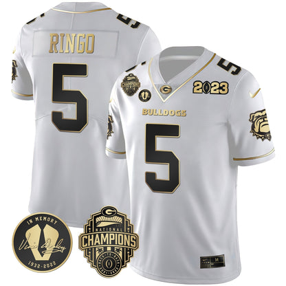 Men's Georgia Bulldogs 2023 Champions & Vince Dooley Patch Gold Jersey - All Stitched