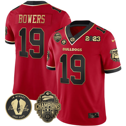 Men's Georgia Bulldogs 2023 Champions & Vince Dooley Patch Gold Jersey - All Stitched
