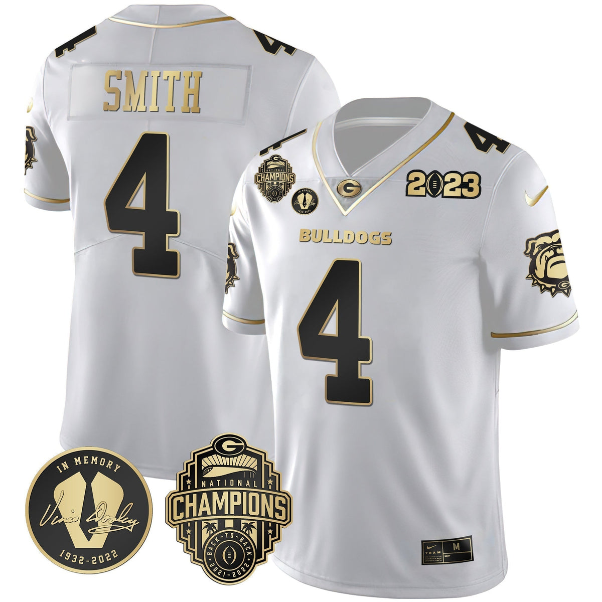 Men's Georgia Bulldogs 2023 Champions & Vince Dooley Patch Gold Jersey - All Stitched