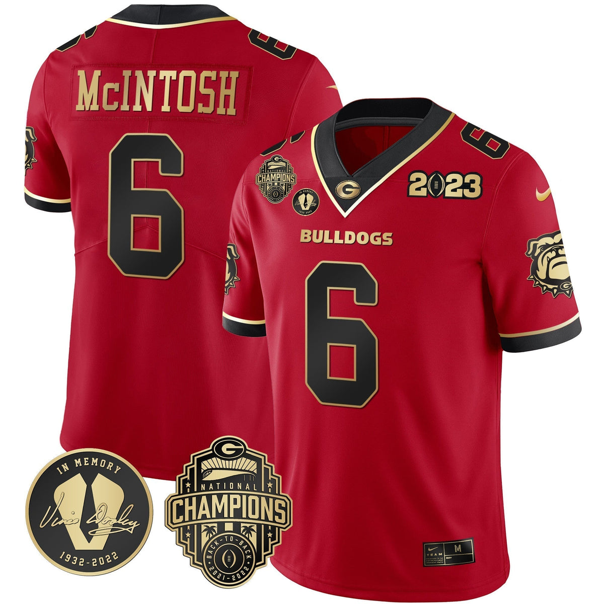 Men's Georgia Bulldogs 2023 Champions & Vince Dooley Patch Gold Jersey - All Stitched