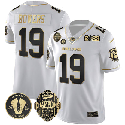 Men's Georgia Bulldogs 2023 Champions & Vince Dooley Patch Gold Jersey - All Stitched
