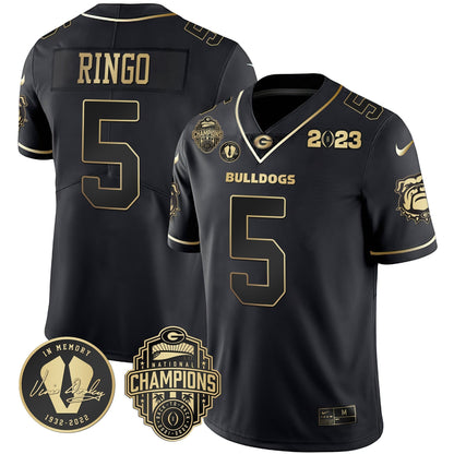 Men's Georgia Bulldogs 2023 Champions & Vince Dooley Patch Gold Jersey - All Stitched