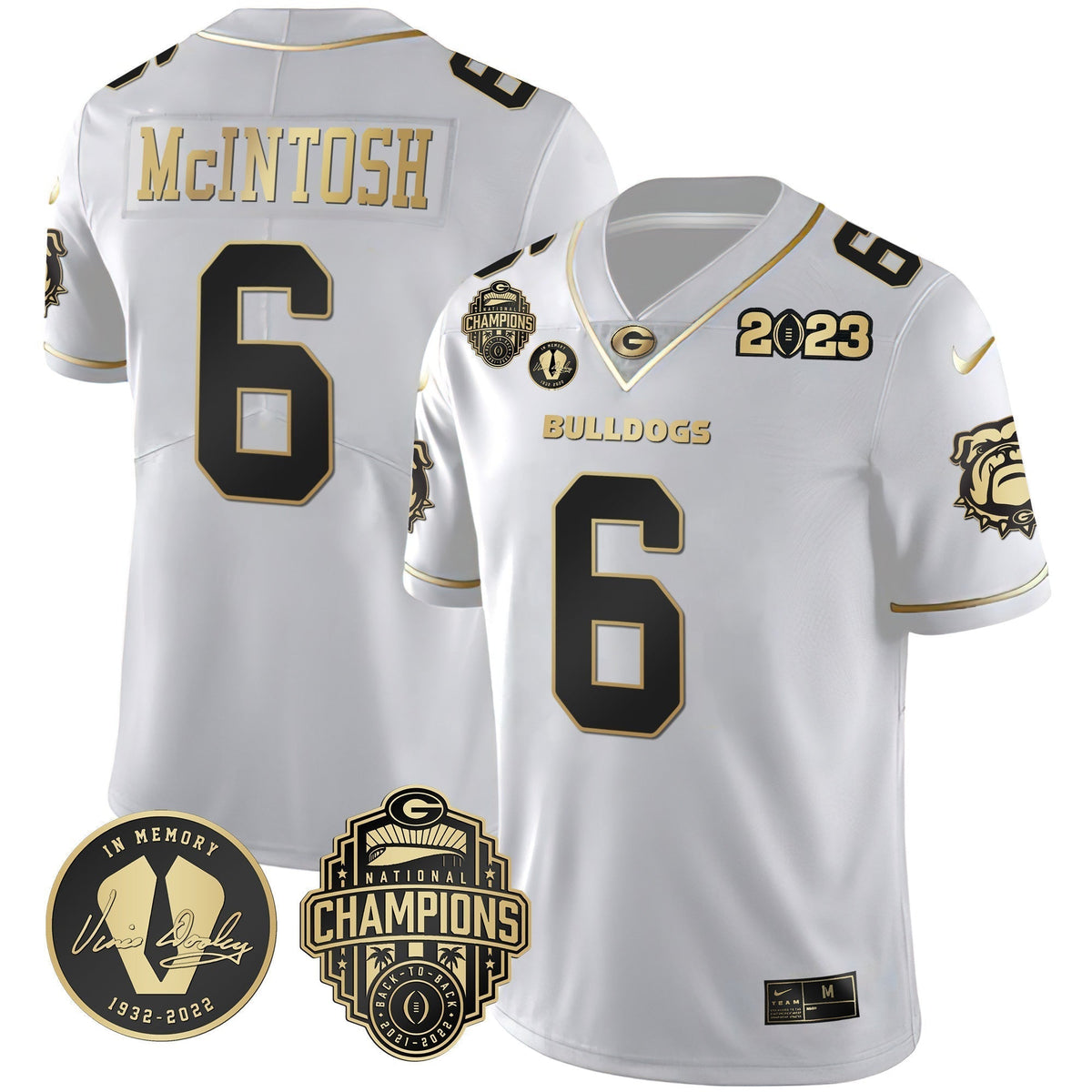 Men's Georgia Bulldogs 2023 Champions & Vince Dooley Patch Gold Jersey - All Stitched