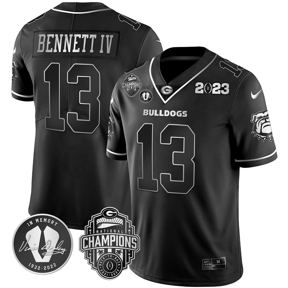 Men's Georgia Bulldogs 2023 Champions & Vince Dooley Patch Gold Jersey - All Stitched
