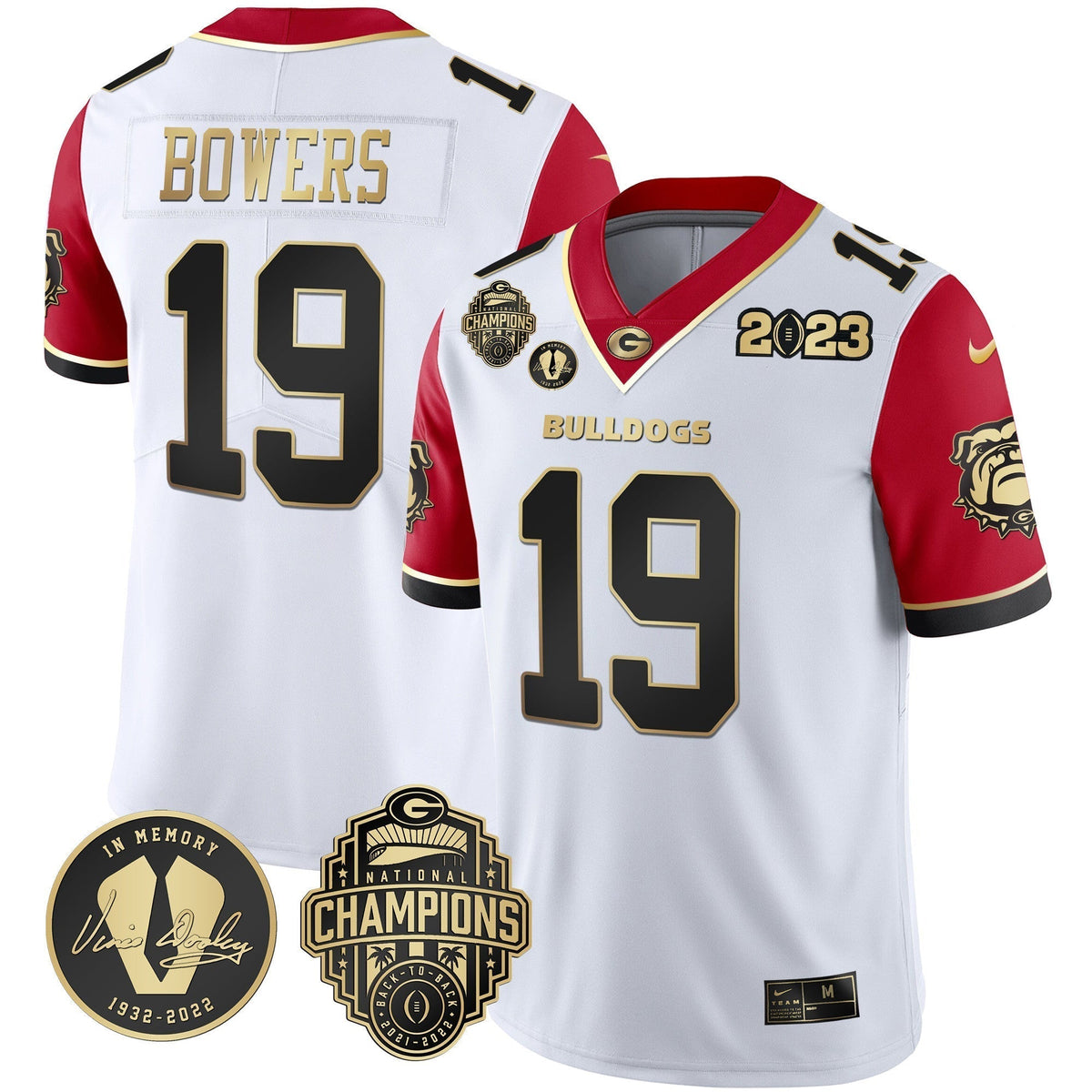 Men's Georgia Bulldogs 2023 Champions & Vince Dooley Patch Gold Jersey - All Stitched