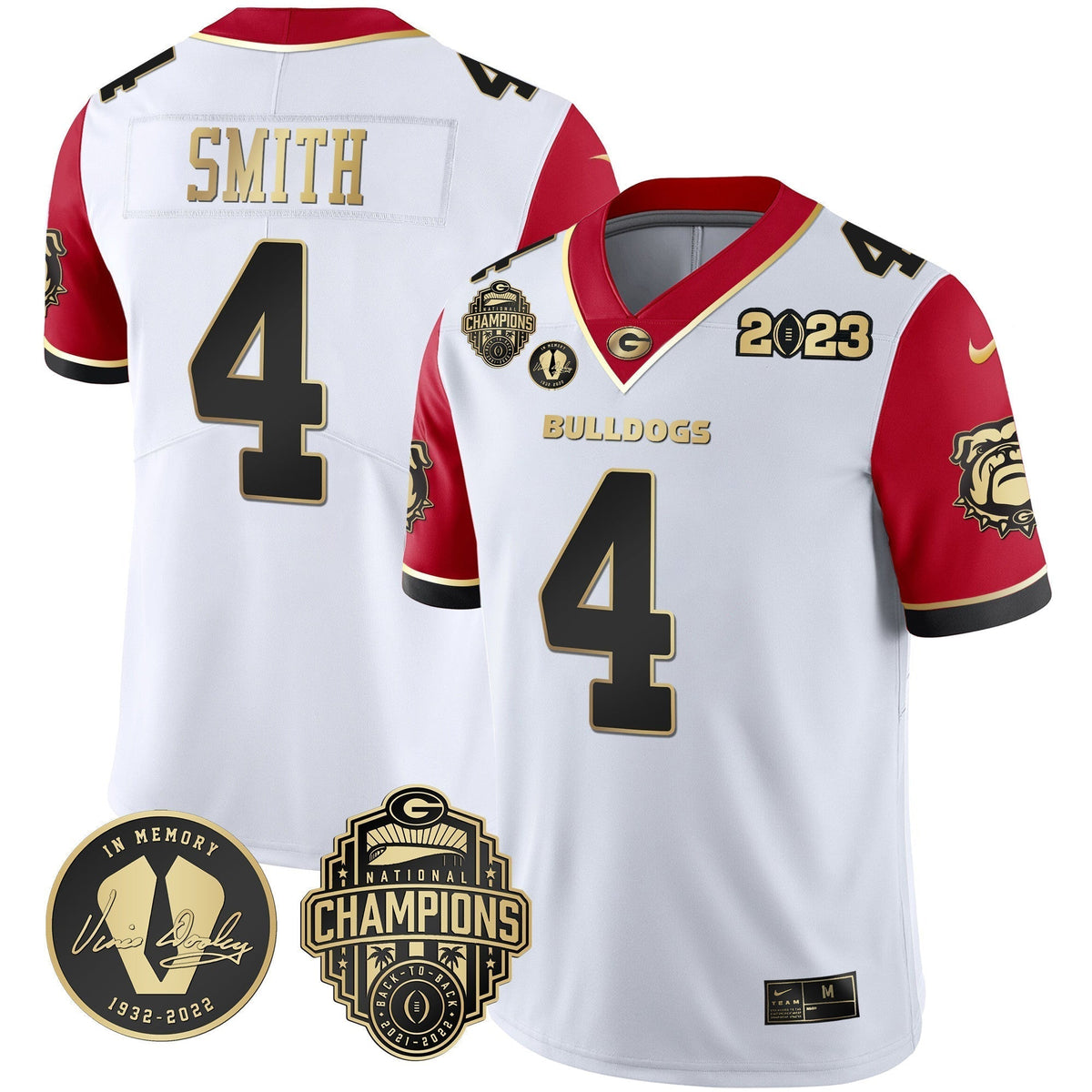 Men's Georgia Bulldogs 2023 Champions & Vince Dooley Patch Gold Jersey - All Stitched