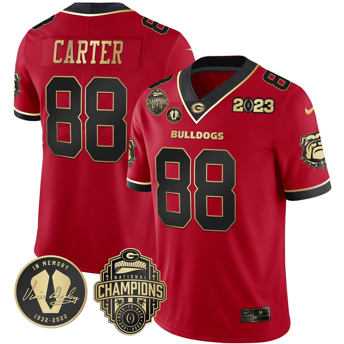 Men's Georgia Bulldogs 2023 Champions & Vince Dooley Patch Gold Jersey - All Stitched