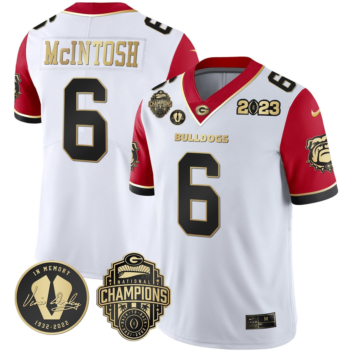 Men's Georgia Bulldogs 2023 Champions & Vince Dooley Patch Gold Jersey - All Stitched
