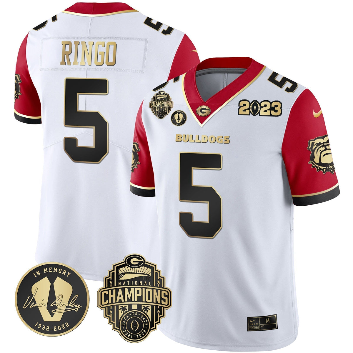 Men's Georgia Bulldogs 2023 Champions & Vince Dooley Patch Gold Jersey - All Stitched