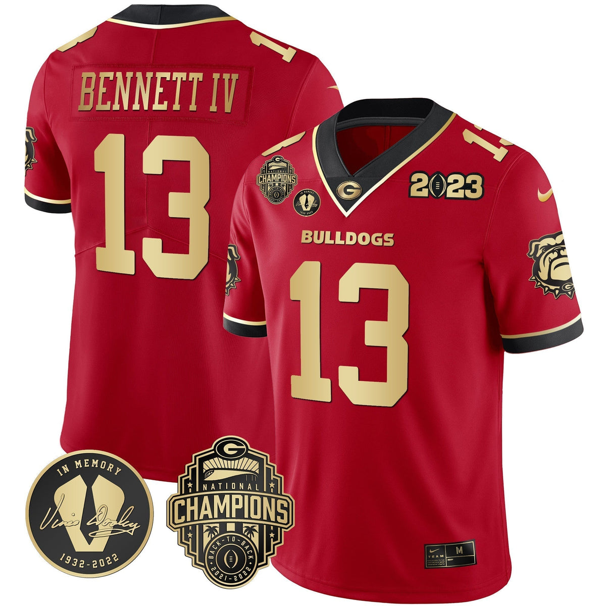 Men's Georgia Bulldogs 2023 Champions & Vince Dooley Patch Gold Jersey - All Stitched