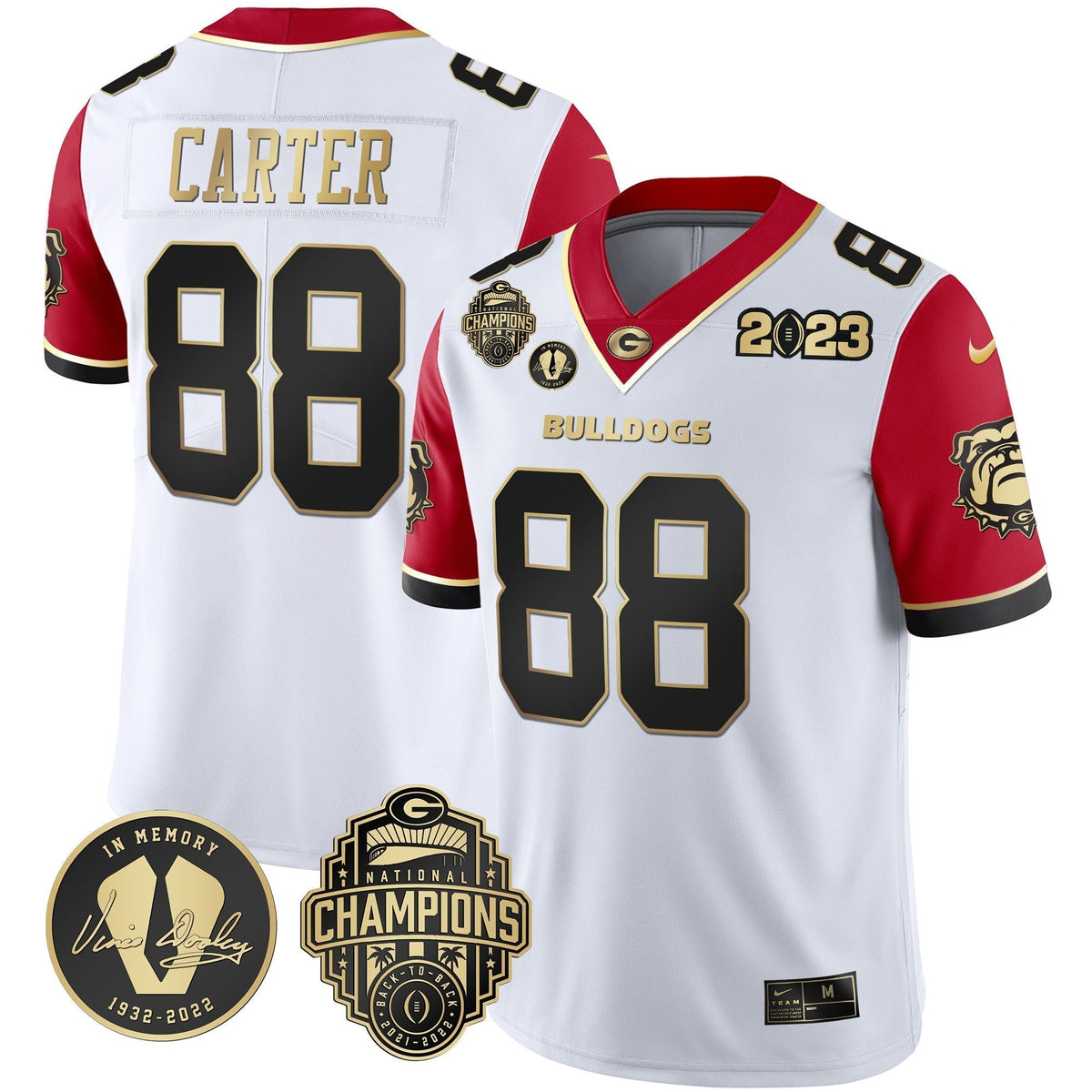 Men's Georgia Bulldogs 2023 Champions & Vince Dooley Patch Gold Jersey - All Stitched