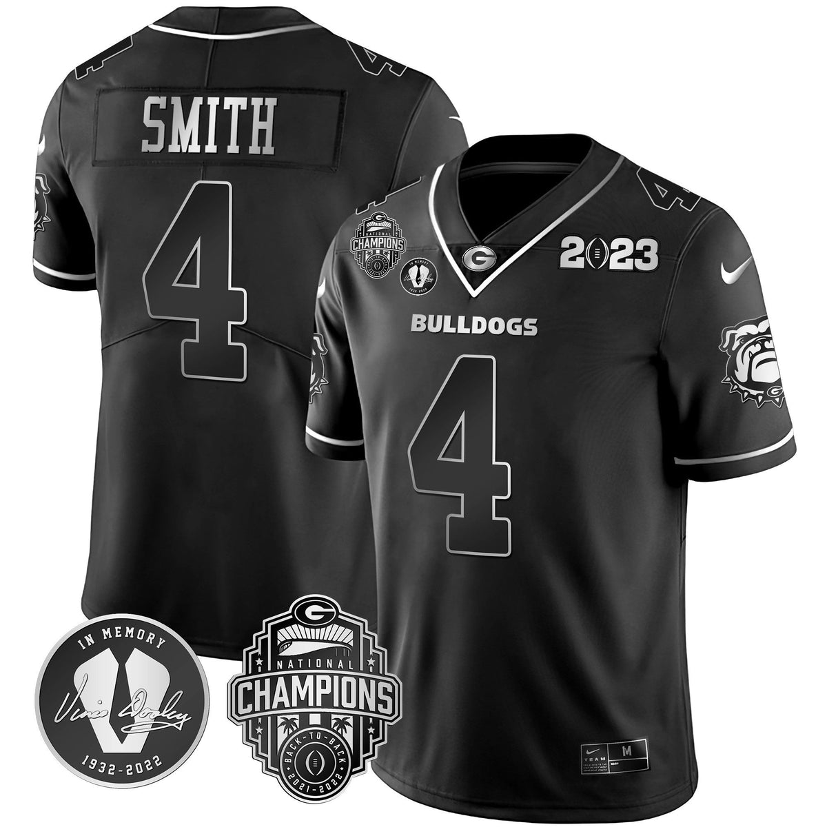 Men's Georgia Bulldogs 2023 Champions & Vince Dooley Patch Gold Jersey - All Stitched