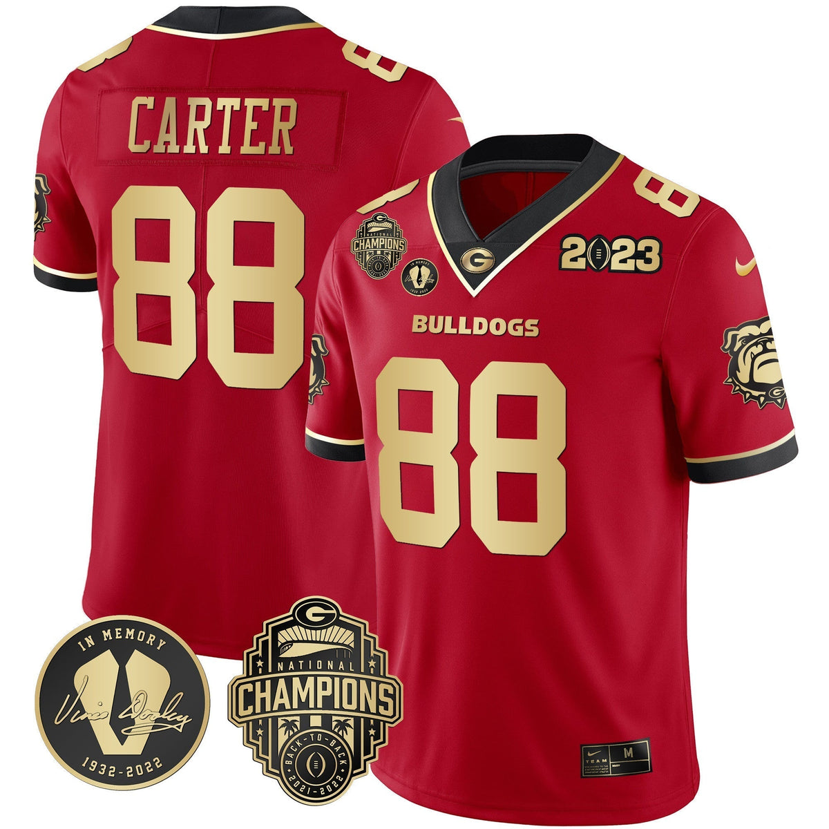 Men's Georgia Bulldogs 2023 Champions & Vince Dooley Patch Gold Jersey - All Stitched
