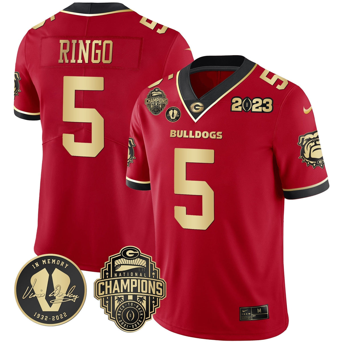 Men's Georgia Bulldogs 2023 Champions & Vince Dooley Patch Gold Jersey - All Stitched