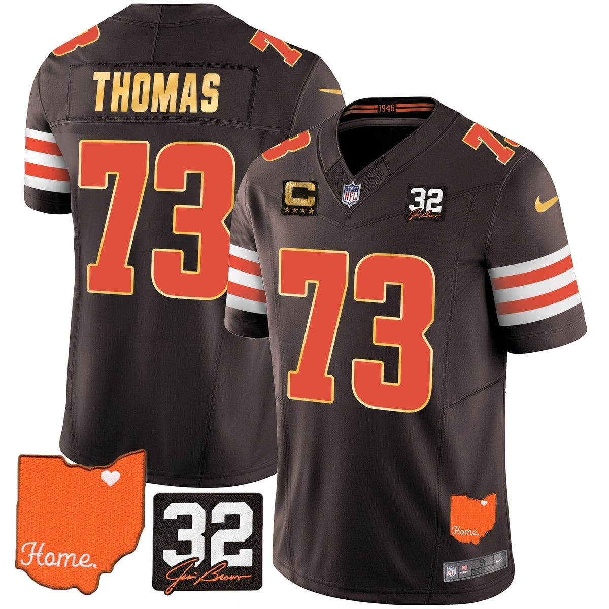 Men's Browns #32 Jim Brown Memorial & Home Patch Gold Trim Jersey - All Stitched