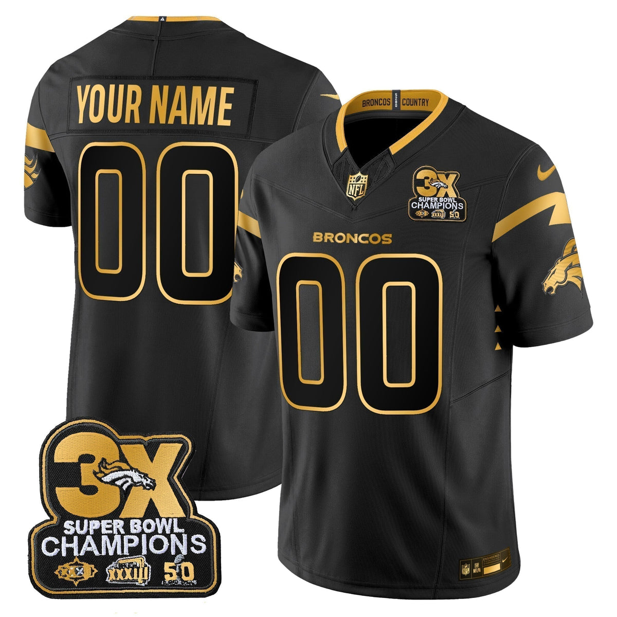DEN 3-Time Champions Patch Gold Vapor Limited Custom Jersey - Stitched