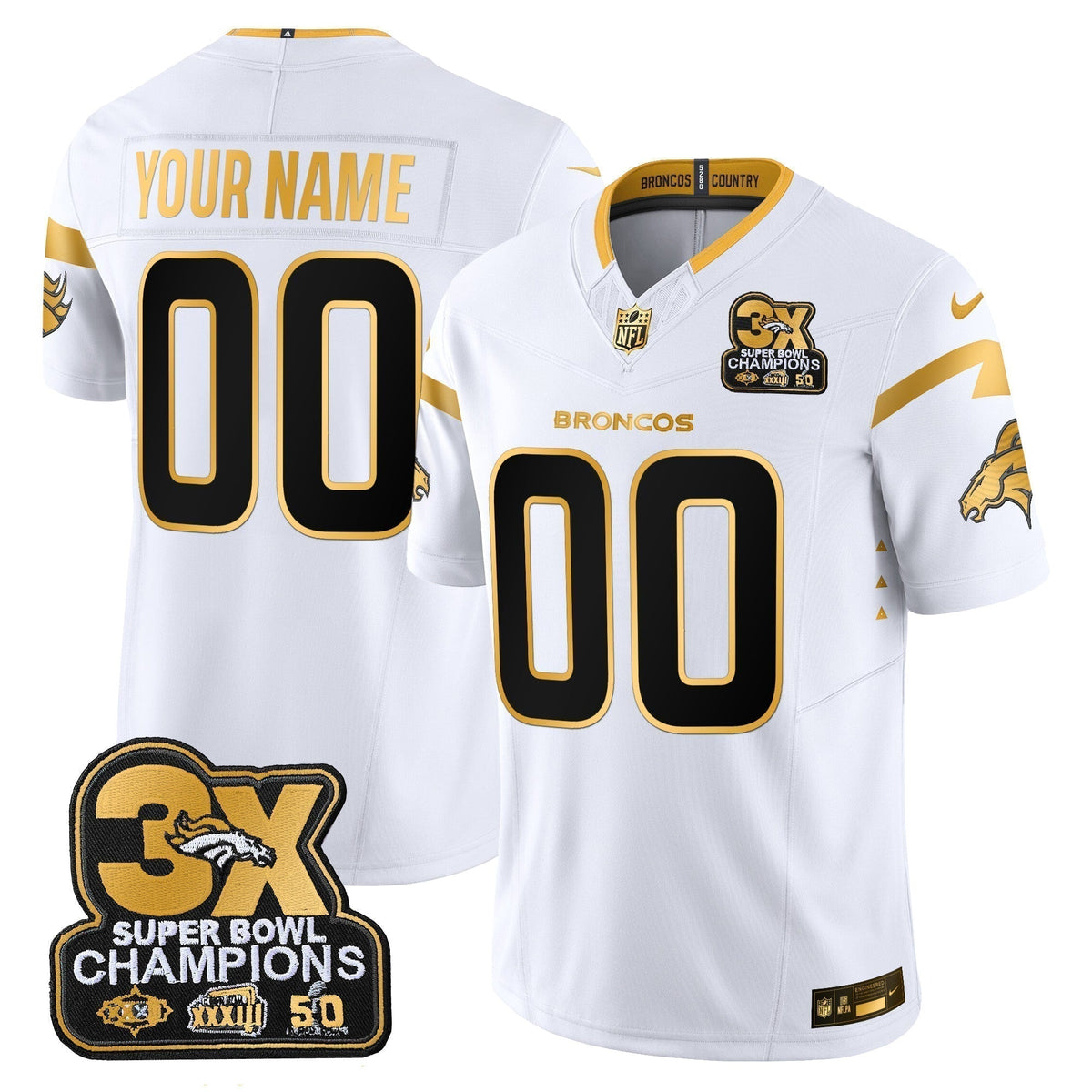 DEN 3-Time Champions Patch Gold Vapor Limited Custom Jersey - Stitched