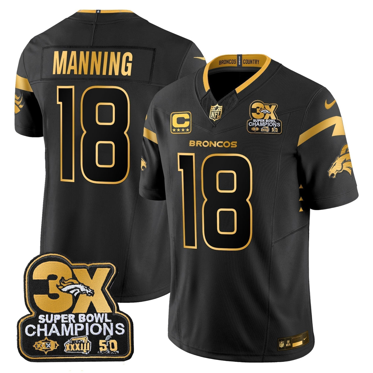 DEN 3-Time Champions Patch Gold Vapor Limited Jersey - Stitched