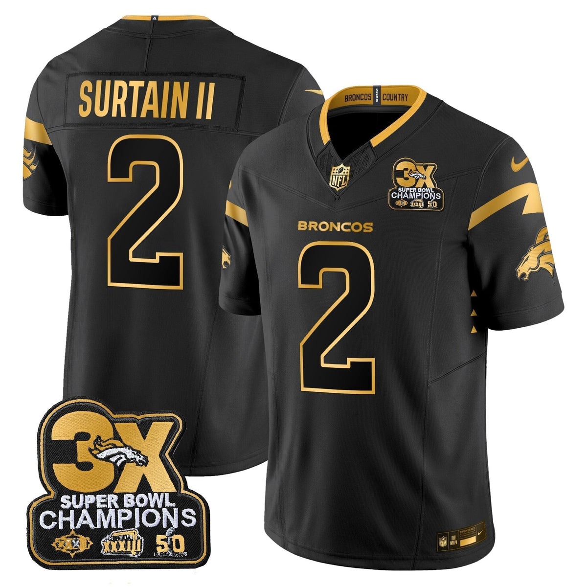 DEN 3-Time Champions Patch Gold Vapor Limited Jersey - Stitched