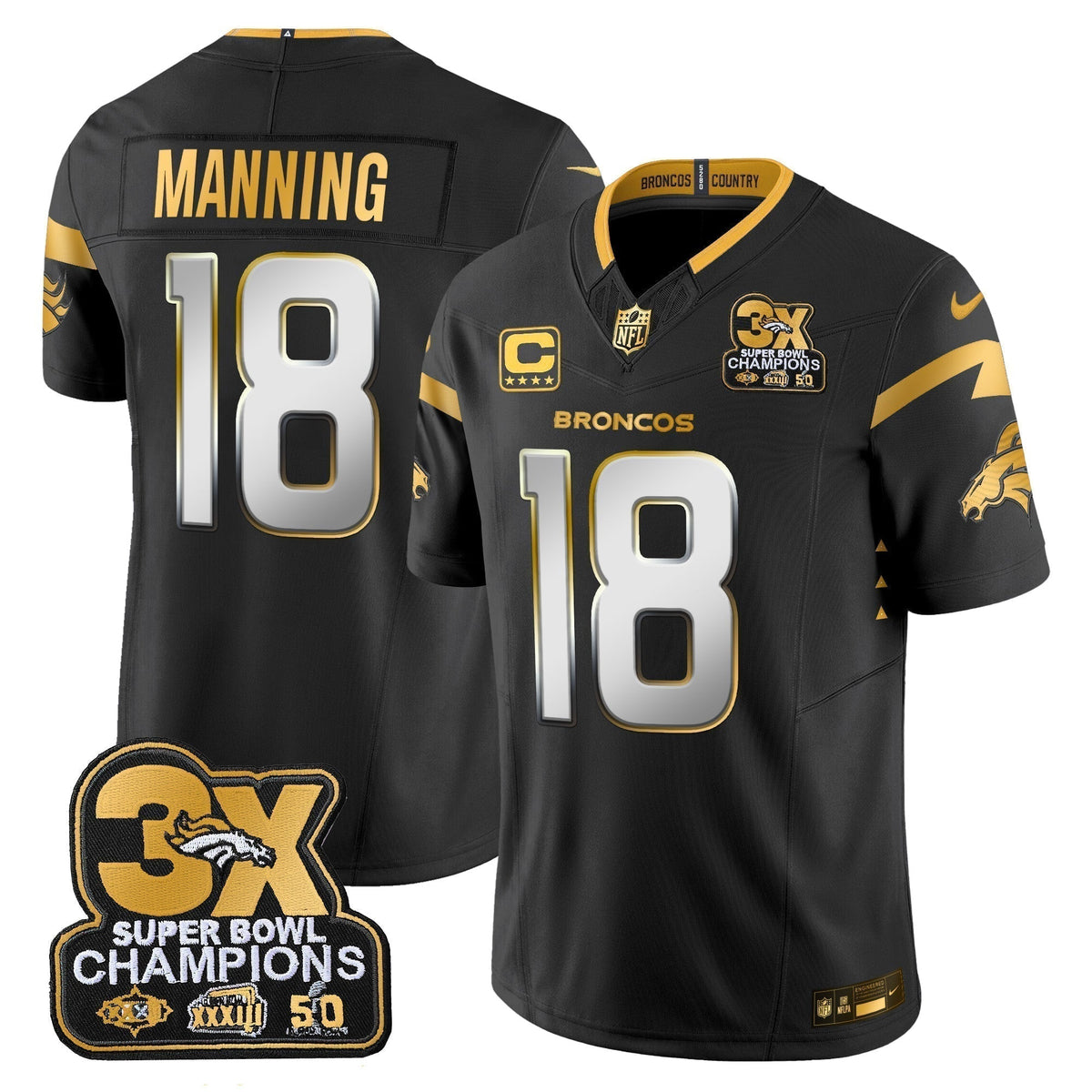 DEN 3-Time Champions Patch Gold Vapor Limited Jersey - Stitched
