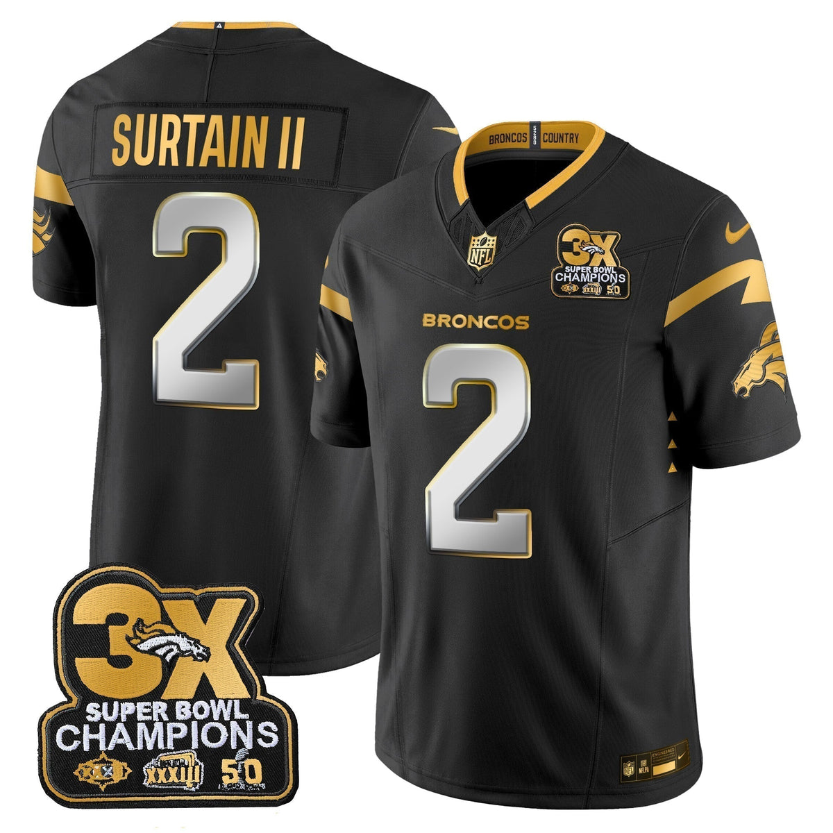 DEN 3-Time Champions Patch Gold Vapor Limited Jersey - Stitched