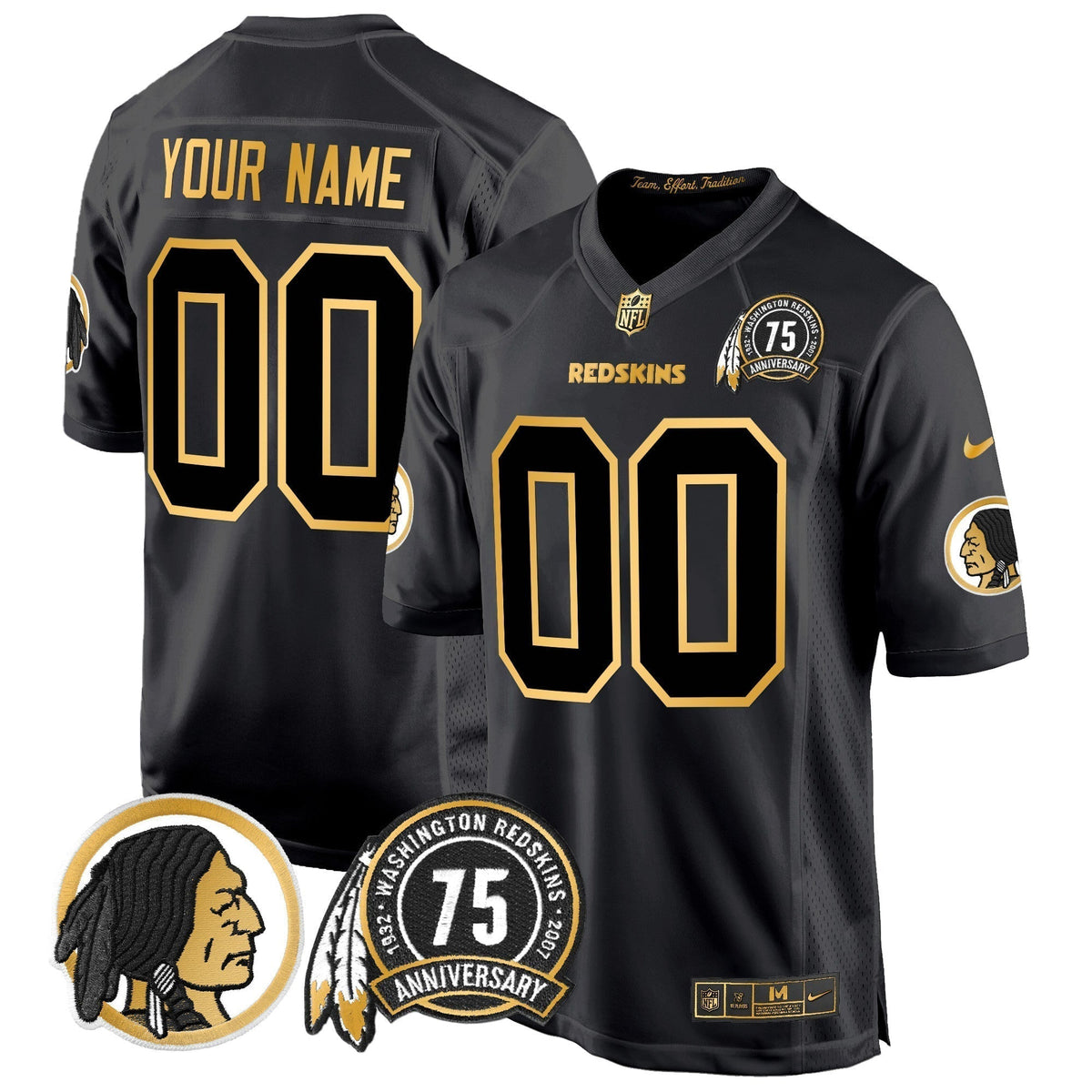 Washington Redskins 75th Patch Throwback Gold Game Custom Jersey - All Stitched