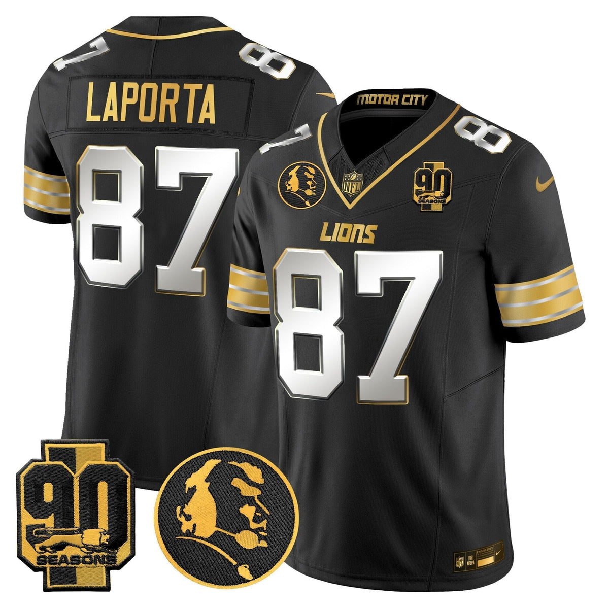 Men's Detroit Lions 2024 90th & John Madden Patch Gold Vapor Limited Jersey - All Stitched
