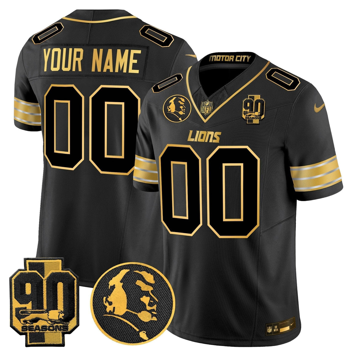 Detroit Lions 2024 90th & John Madden Patch Gold Vapor Limited Custom Jersey - All Stitched