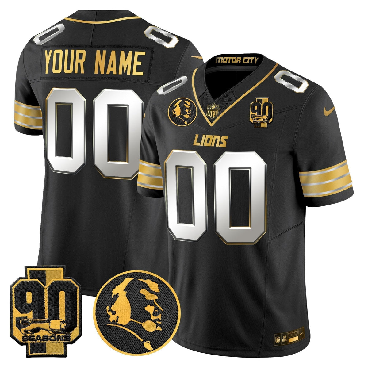 Detroit Lions 2024 90th & John Madden Patch Gold Vapor Limited Custom Jersey - All Stitched