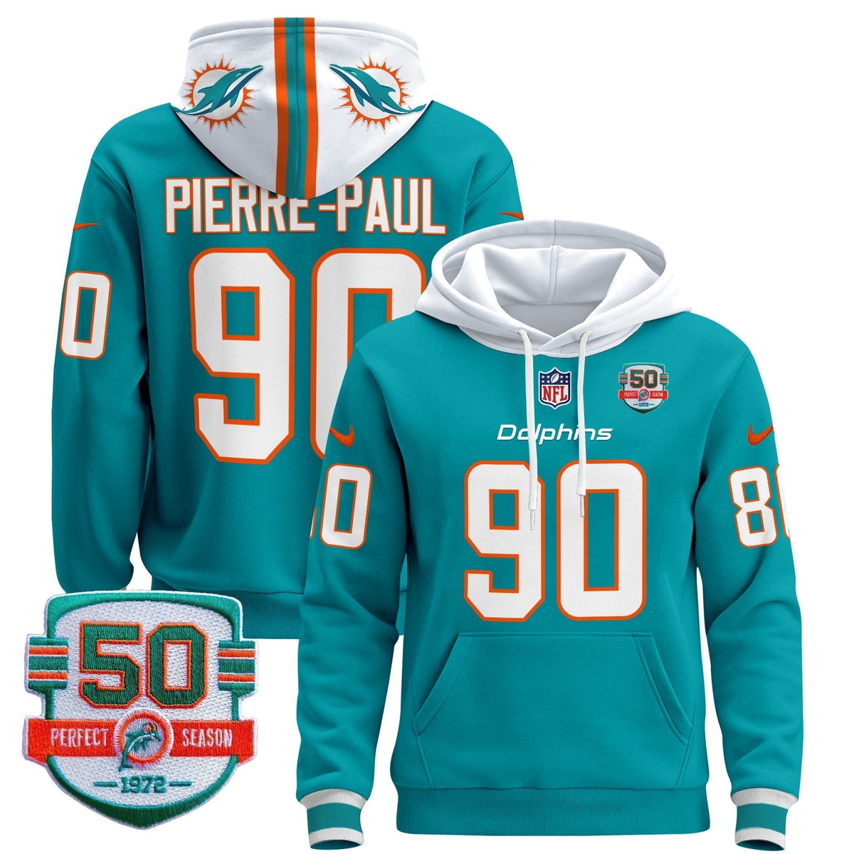 Men's Dolphins 50th 1972 Perfect Season Patch Pullover Hoodie - All Stitched