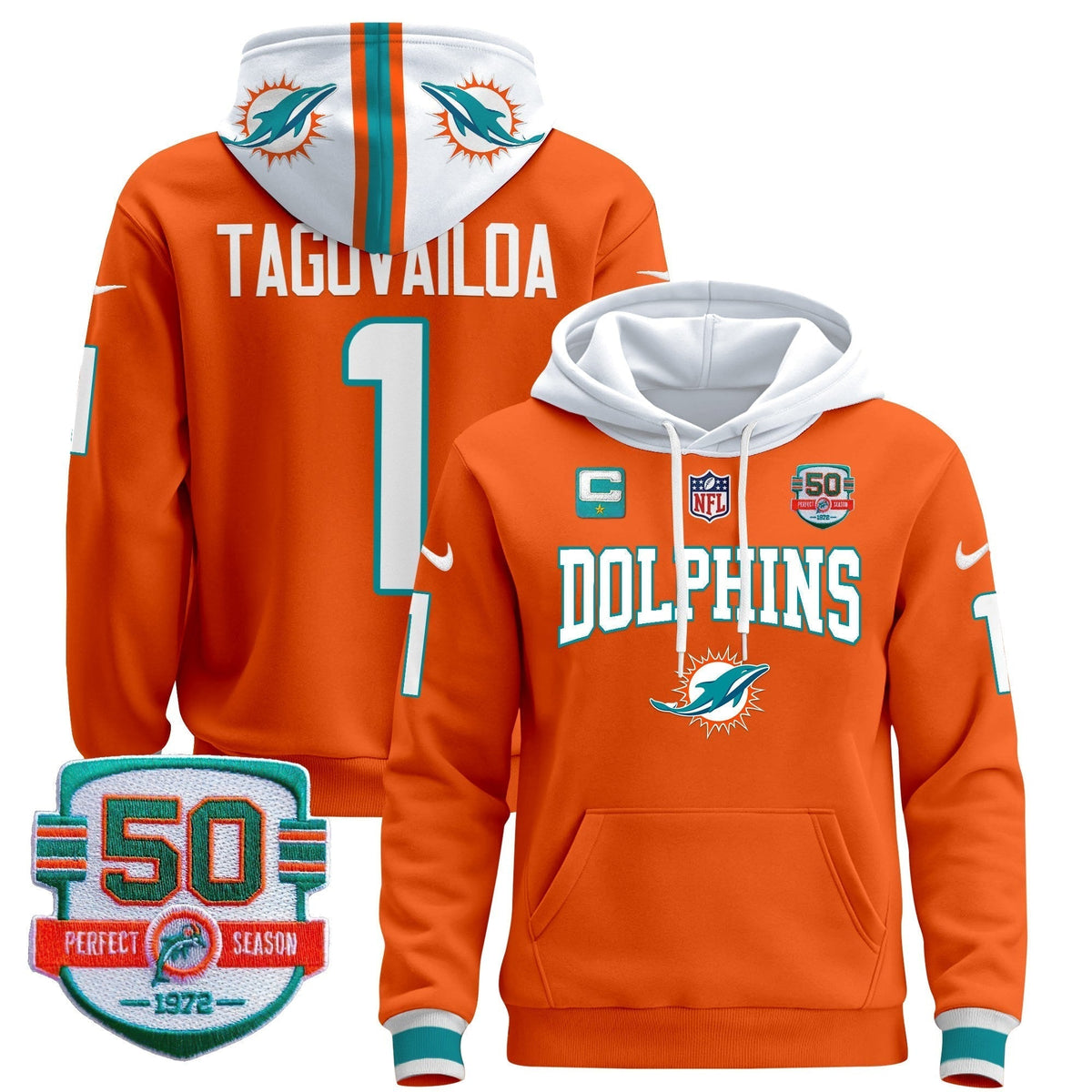 Men's Dolphins 50th 1972 Perfect Season Patch Pullover Hoodie V2 - All Stitched
