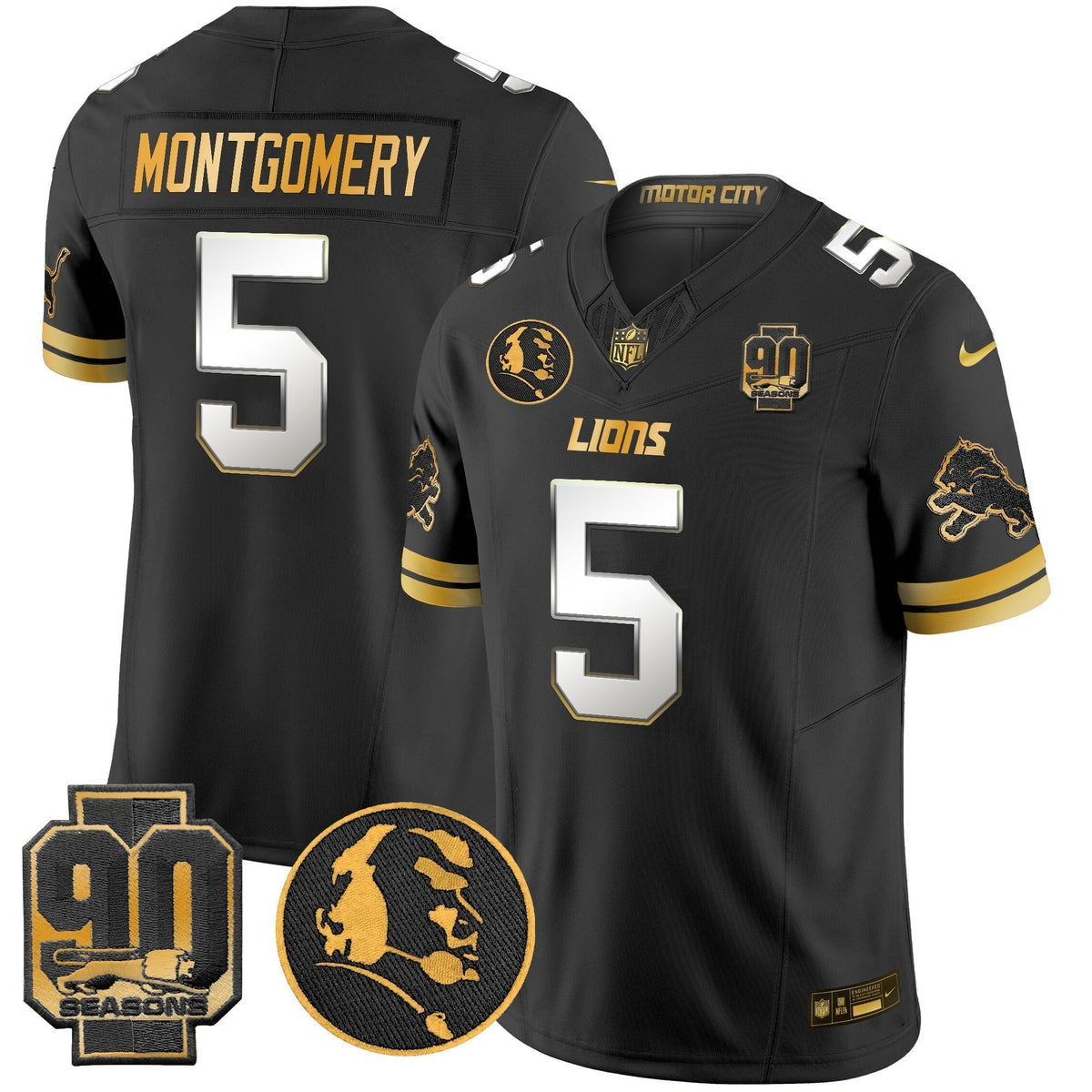 Men's Detroit Lions 2024 90th & John Madden Patch Gold Vapor Limited Jersey V2 - All Stitched