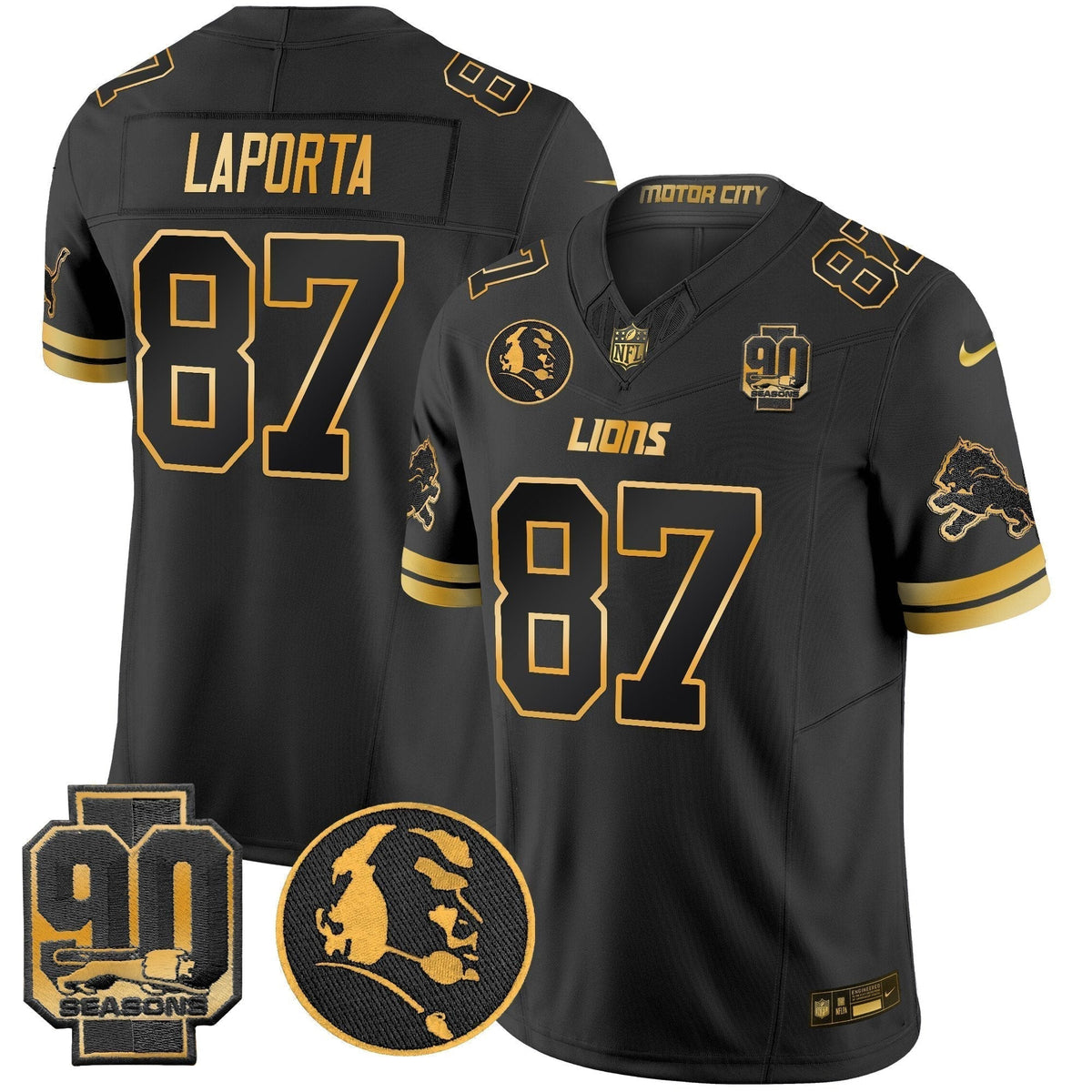 Men's Detroit Lions 2024 90th & John Madden Patch Gold Vapor Limited Jersey V2 - All Stitched