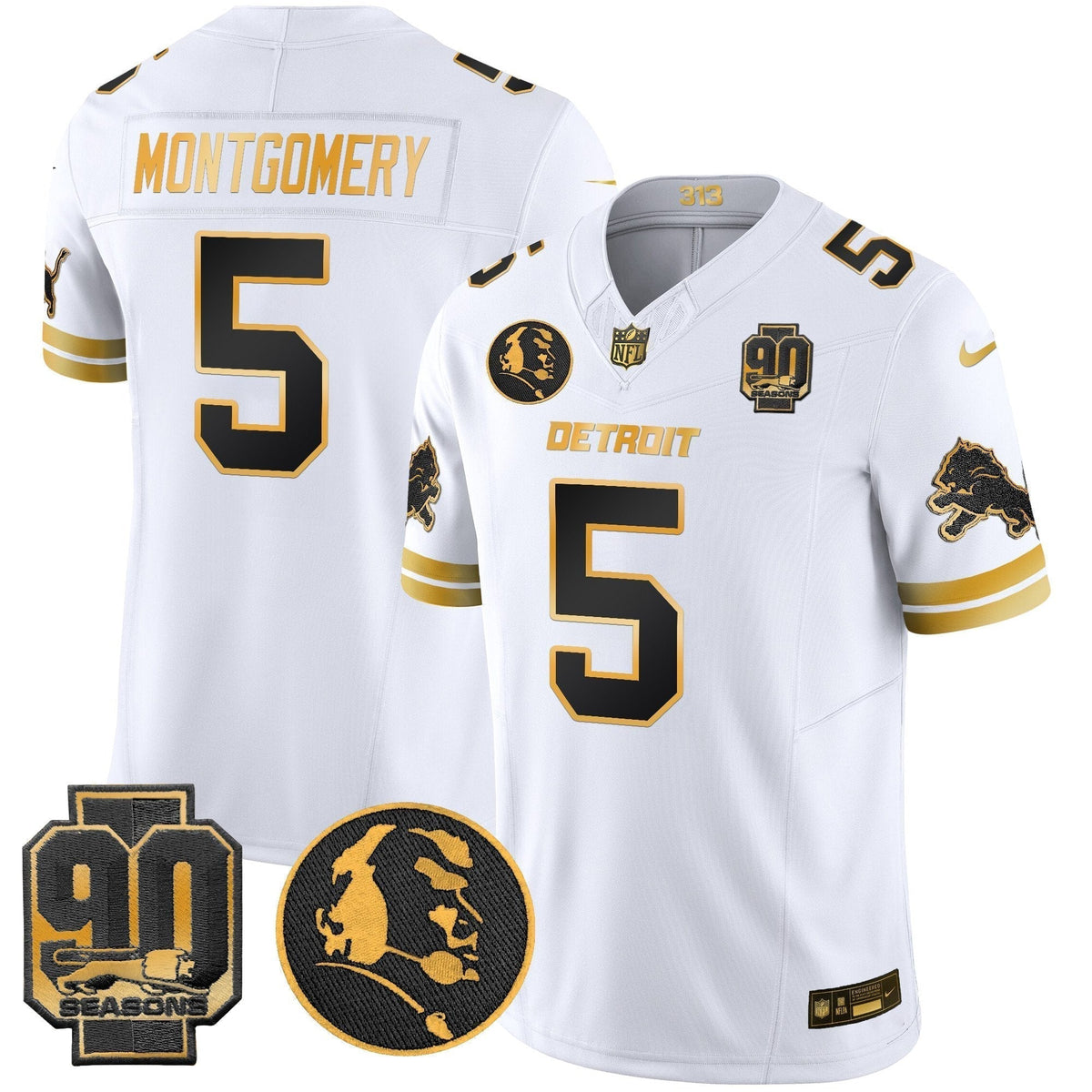 Men's Detroit Lions 2024 90th & John Madden Patch Gold Vapor Limited Jersey V2 - All Stitched