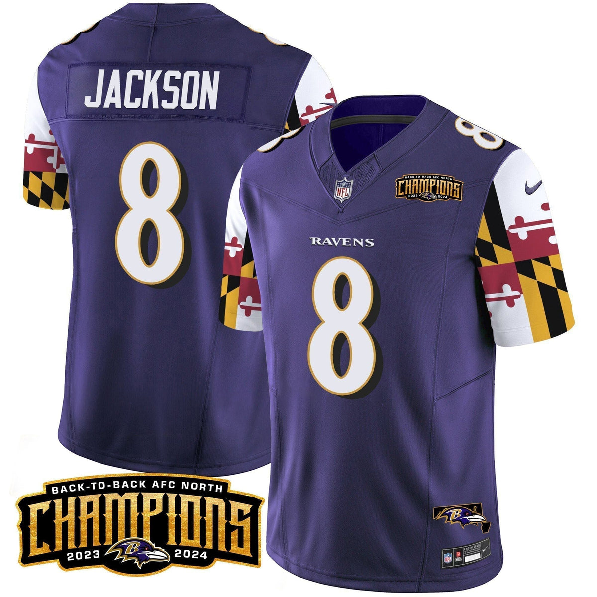 Ravens Maryland Flag Back To Back AFC North Champions Patch Vapor Limited Jersey - Stitched