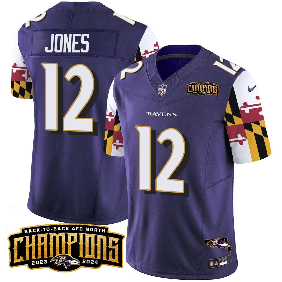 Ravens Maryland Flag Back To Back AFC North Champions Patch Vapor Limited Jersey - Stitched