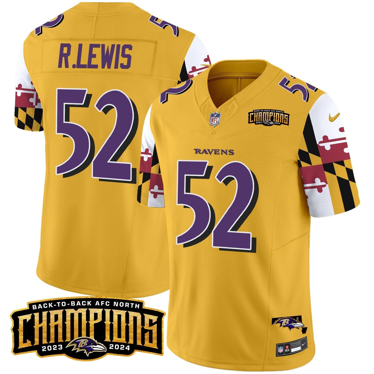 Ravens Maryland Flag Back To Back AFC North Champions Patch Vapor Limited Jersey - Stitched