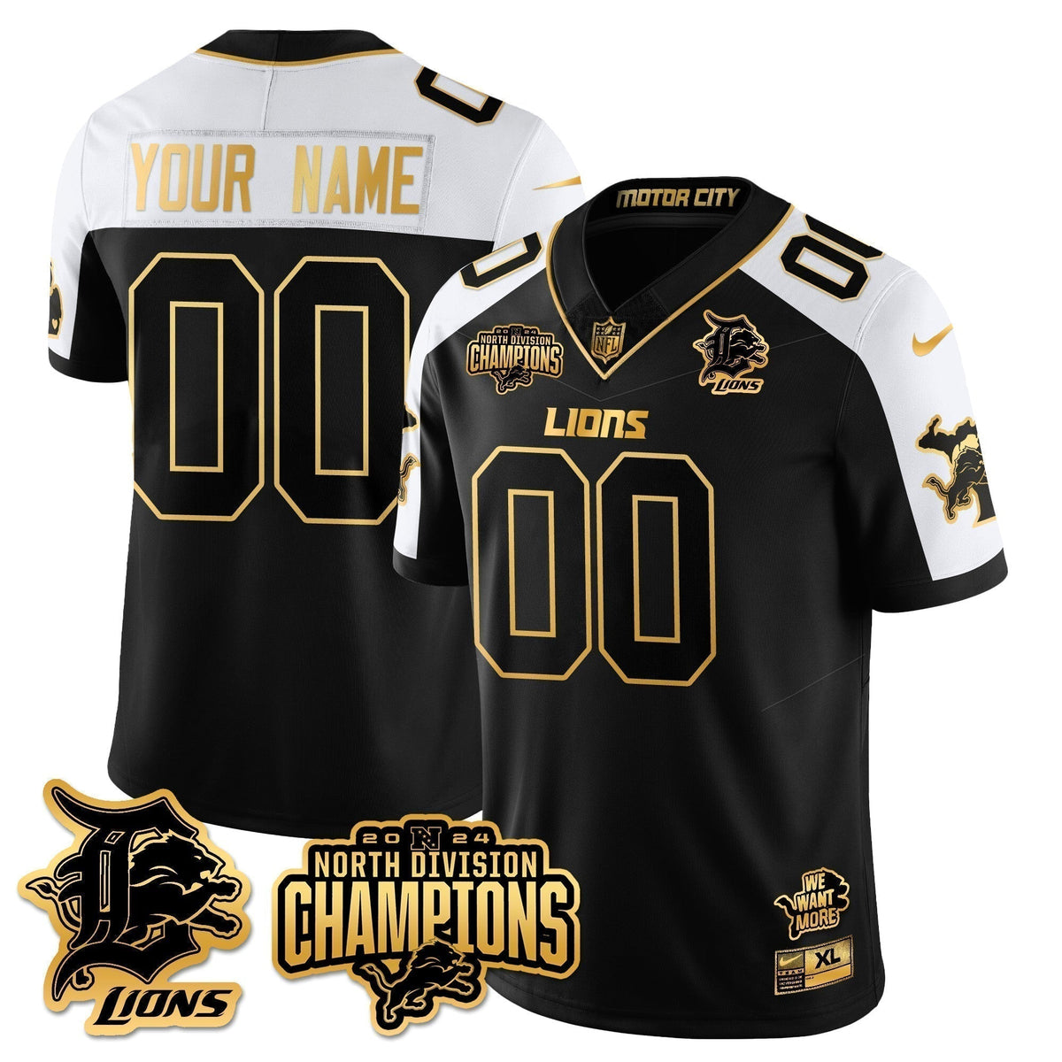 Custom Gender/Name DET 2024 NFC North Champions Gold Jersey N2 - Stitched