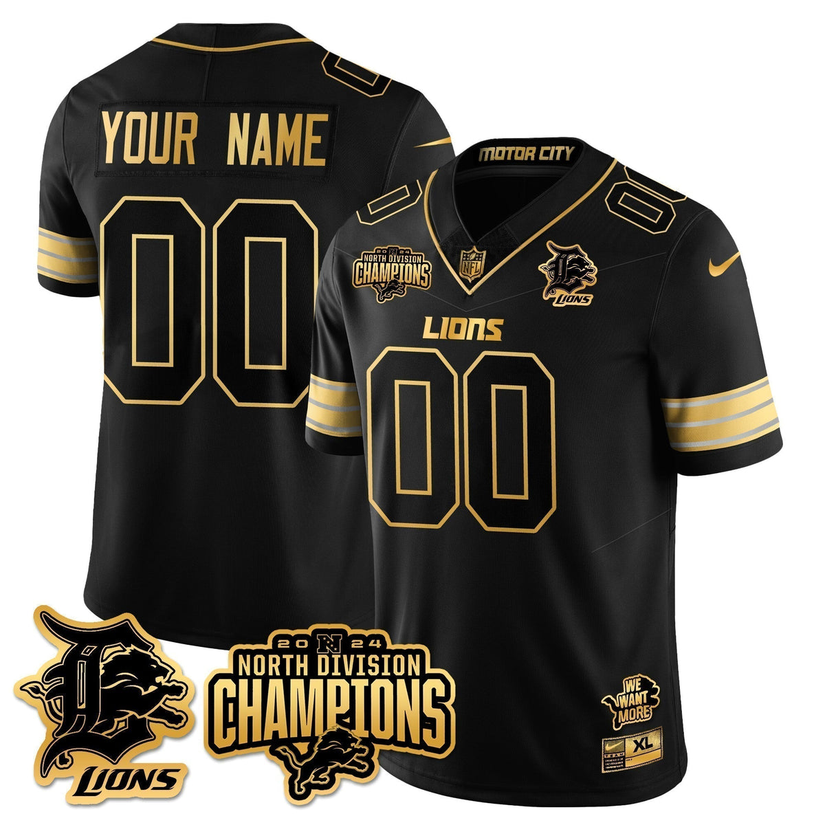 Custom Gender/Name DET 2024 NFC North Champions Gold Jersey N2 - Stitched